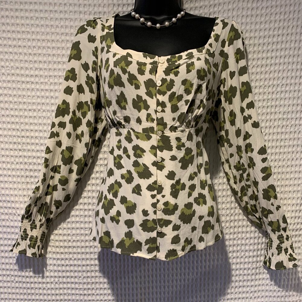 NEW Loft Olive & Off White Leopard Long Sleeve Blouse